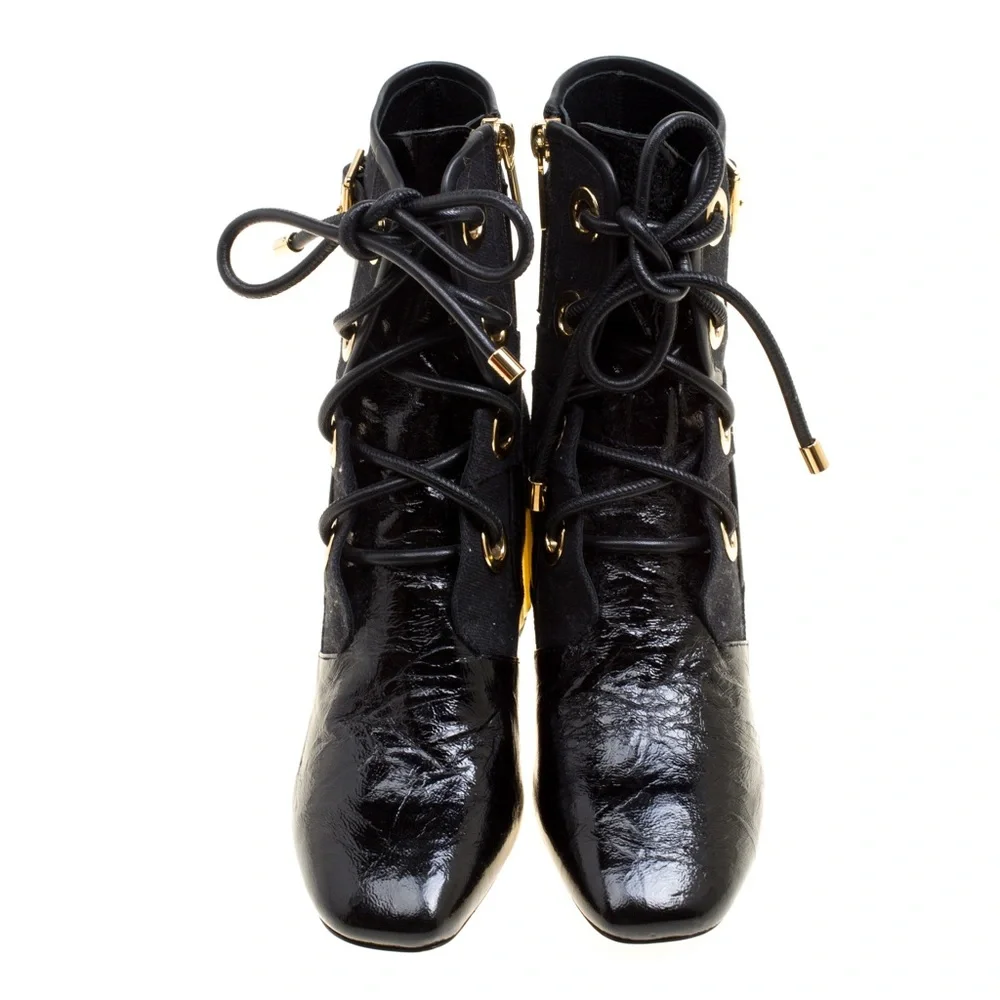 Dior Black Canvas and Crinkled Leather Sculpted Block Heel Ankle Boots Size 38.5 - Picture 4 of 10